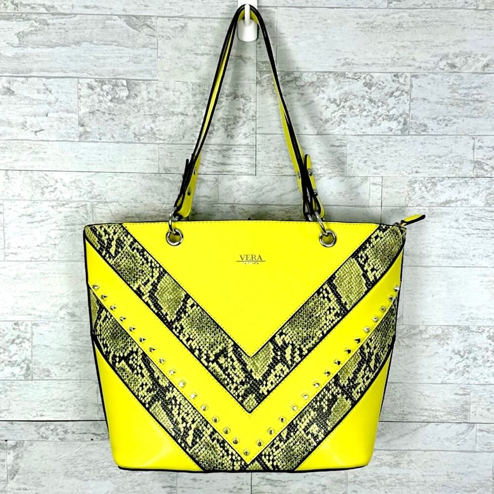 Vera New York Elisa yellow snakeskin studded shoulder tote